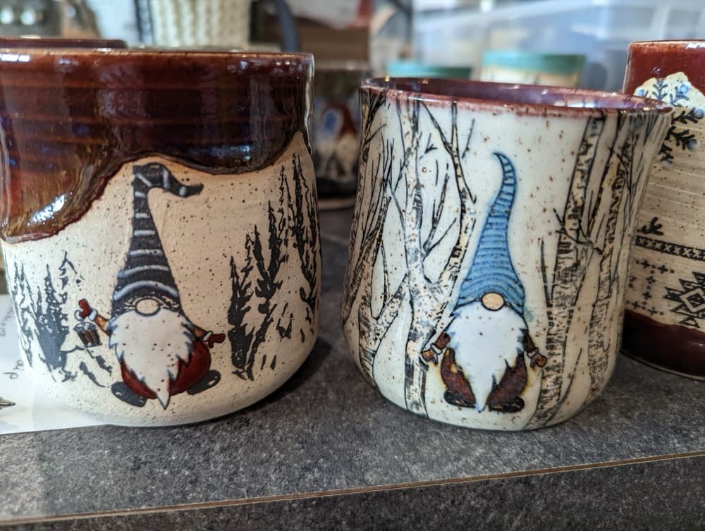 Mugs decorated with woodland gnomes