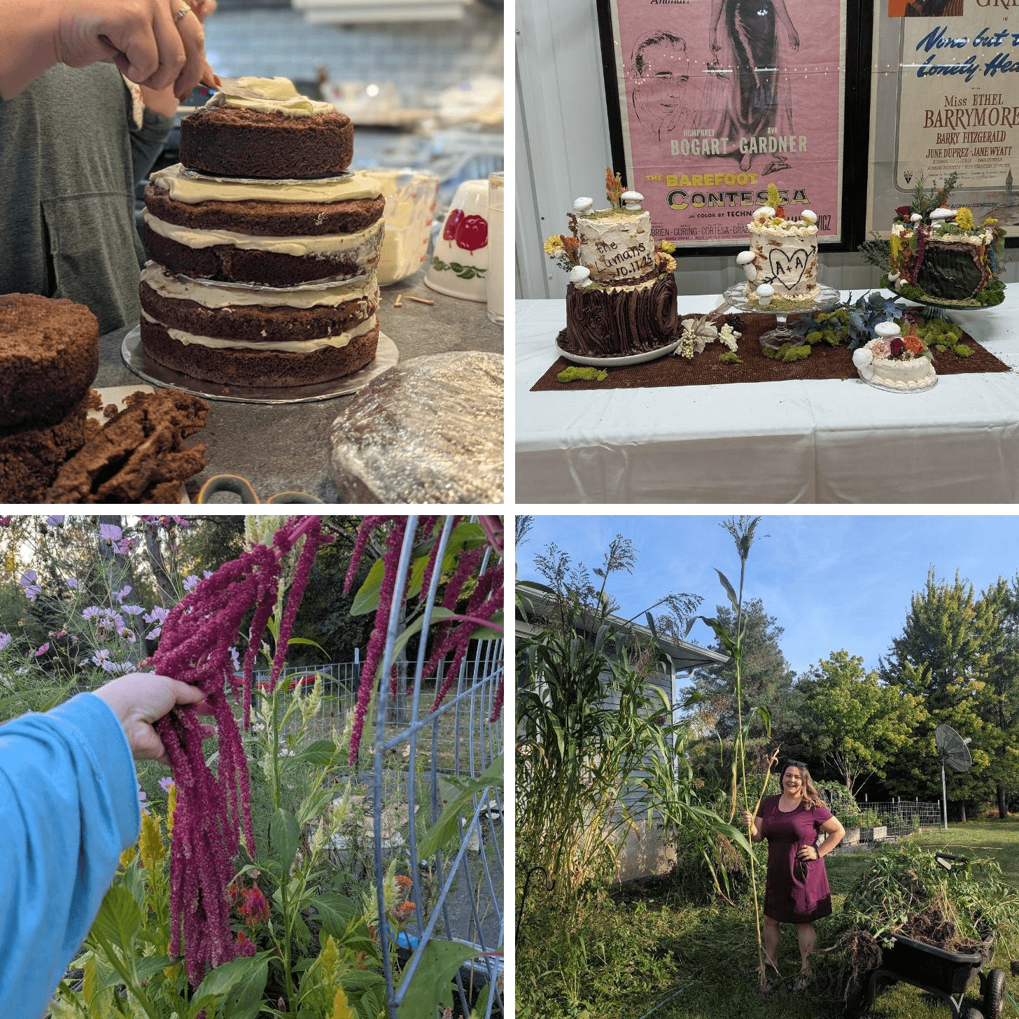 Collage of Abby assembling a tiered cake, the woodland wedding cake table, and her cutting garden